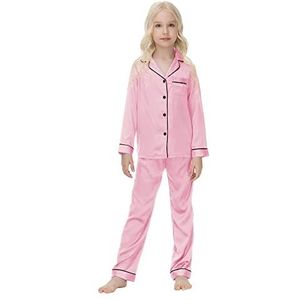 Peuter Baby Meisje Tweedelige Pyjama Set Lange Mouwen Button Down Pyjama Top Effen Kleur Shirt Lange Broek Nachtkleding Kleding Roze 160 13-14 jaar
