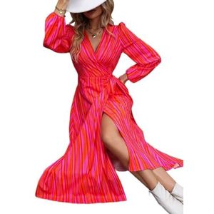 jurken voor dames Gestreepte wikkeljurk met knoop aan de zijkant (Color : Hot Pink, Size : X-Small)