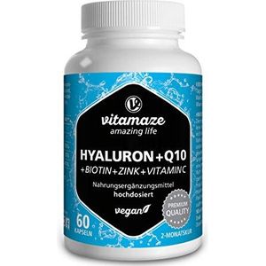 Hyaluronzuur Capsules 200 mg + Coenzym Q10 100 mg, Veganistische Capsules 2 Maandkuur, Hoge Bioverbrengbaarheid, Micro-Molecular van 500-700 kDa, Supplement zonder Additieven, Made in Germany