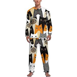 Schattige vele katten zachte heren pyjama set comfortabele lange mouwen loungewear top en broek geschenken XL