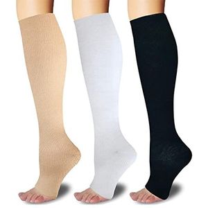 3 paar teenloze compressiesokken 15-20 mmHg voor dames en heren, ondersteuning tijdens het hardlopen, sport, verpleegsters, reizen (nude+wit+zwart, maat XL)