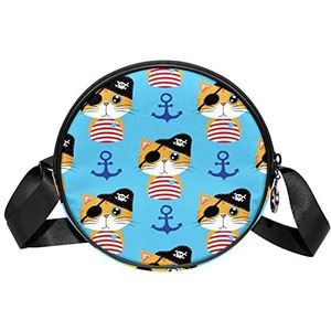Ronde Crossbody Tas Messenger Bag Portemonnee voor Vrouwen Piraat Kat, Meerkleurig, 6.7x6.7x2.3 in, Sling Rugzakken