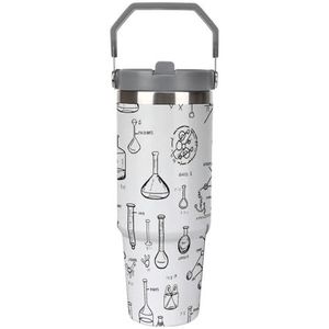 30 oz roestvrij staal geïsoleerde beker met klapdeksel en rietje, lekvrije reismok voor auto, chemie print dubbelwandige vacuüm thermische koffiekop met handvat, morsbestendig ontwerp voor warm/koude
