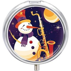 Pillendoos met sneeuwpop speelt saxofoon rond, voor reizen, draagbaar, 23 vakken, medicijnen, metaal, tablet, vitaminehouder, organizer voor portemonnee, tas