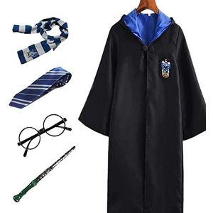 SKLOER Cosplay 5-delige kostuumset cape toverstaf stropdas sjaal bril Hermelien Granger kostuum zwarte robe schooluniform carnaval verkleden