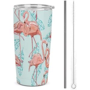 Flamingo Print Reizen Koffie Mok Rvs Tumbler Met Deksel En Stro Geïsoleerde Cup Voor Auto Thuis 17oz