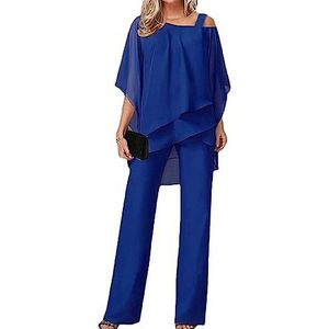 Sawmew Broekpak Dames Zomer Tweedelig Tule Avondpak Sets Tweedelig Chiffon Overhemd en Hoog Getailleerd Broekpak Elegante Vintage 2-delige Set Outfit Cocktailparty Feestelijk Broekpak (Color : Blue,