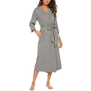 UNibelle Dames ochtendjas 3/4 mouwen badjas nachtkleding kimono saunamantel met diepe V-hals S-XXXL, A-lichtgrijs, M