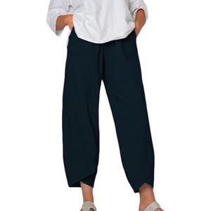 HHuiXinXue Linnen broek dames 7/8 wijde pijpen zomerbroek vrouwen licht elegante losse casual broek voor strandvakantie dagelijks, Donkerblauw, S