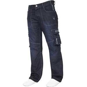 Enzo Heren Cargo Combat Jeans Broek Casual Werk Denim Broek Alle Taille Maten, Donkerblauw, 34W / 32L