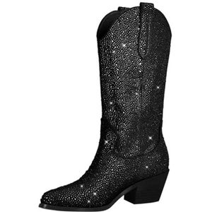 Lmtossey Dames Knie Hoge Laarzen Diamant Booties Glitter Glanzende Westerse Puntneus Dikke Hak Slip-On Denim Laarzen, Cd221115b, 46 EU