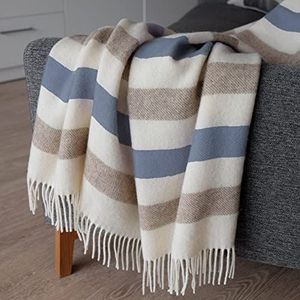 Linen & Cotton Warme Zachte Wollen Deken Gestreepte Woondeken Knuffeldeken Malmo - 100% Nieuw-Zeelandse Wol, Beige Wit Blauw (140 x 200 cm) Plaid Gooi Sprei Bank Bed Winterdeken Reisdeken Lamswol