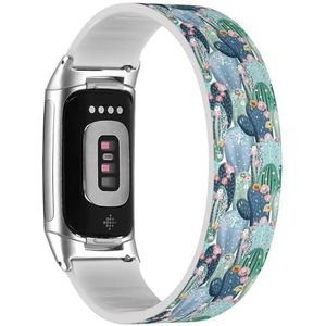 RYANUKA Solo Loop band compatibel met Fitbit Charge 5 / Fitbit Charge 6 (Pastel Vintage Cactussen Succulents) rekbare siliconen band band accessoire, Siliconen, Geen edelsteen