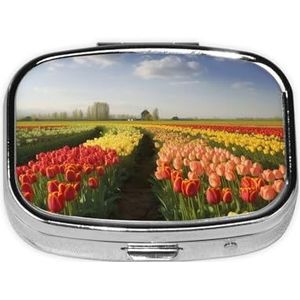 Tulpen veld print pillendoos 2 compartimenten kleine pillendoos met spiegel pillenorganizer draagbare medicijnpillendoos voor reizen zak portemonnee