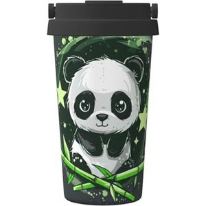 EdWal Leuke panda bamboe ster print 500 ml koffiemok, geïsoleerde campingmok met deksel, reisbeker, geweldig voor elke drank