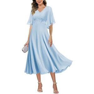 HPPEE Damesjurken voor dames, lange jurk voor moeder van de bruid met mouwen, Empire-taille, A-lijn, chiffon, formele avondjurk, Lichtblauw, 32