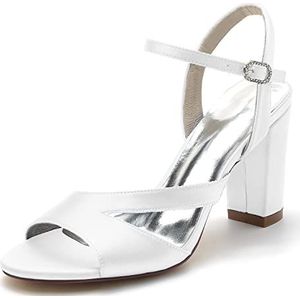 Vrouwen Peep Toe enkelbandje 3,3 centimeter Mid Block Chunky hakken sandalen Comfortabele Bruiloft Jurk Pompen Schoenen,Wit,39 EU