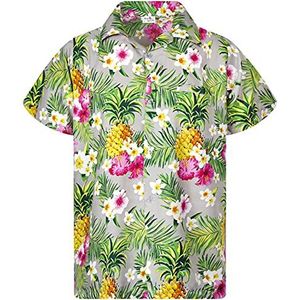 King Kameha Funky Hawaiiaans shirt kinderen jongens, korte mouwen, print ananas bloemen, lichtroze, Grijs, 10 jaar