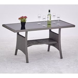 Calma Lux® Polyrotan tuintafel 120x70x68cm met legplank glas tafelblad weerbestendig tuin terras balkon tafel eettafel tuinmeubelen (grijs)