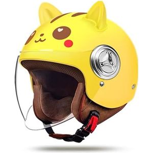 Volwassen Jeugd Kinderen Schattige Open 3/4 Helm Met Zonneklep, ECE Goedgekeurde Cool Cat Oor Motorfiets Halve Helm, Scooter Bromfiets ATV Straathelmen F,48~54cm