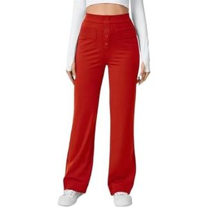 Casual stretchbroek for dames met hoge taille, brede flexibroek met meerdere zakken, broek met rechte pijpen(Red,L)