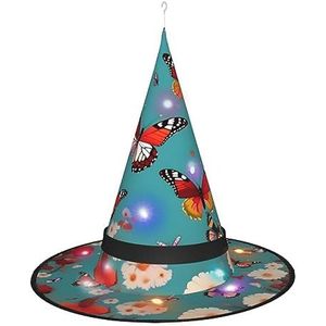 OdDdot Hen Flying Butterflies Among Flowers Witch Hat - LED gekleurd licht, geschikt voor Halloween, Kerstmis, rollenspel en meer