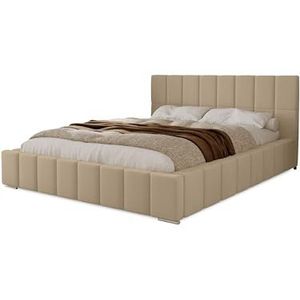 MARPUR POLSTERBED Alma 180x200 cm, bed met hoofdeinde, tweepersoonsbed met bedlade, lattenbodem en matras van hout, veloursstof: crème