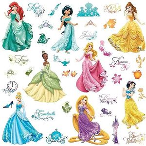 Roommates 21990 - Disney Prinses Muurtattoos/stickers met glitter, geblisterd, 4 vellen, 37 elementen