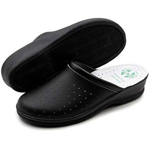 Poligono Anatomische Hygiënische Pantoffels voor Vrouwen, Comfortabele Orthopedische Schoenen met een Bovenwerk van Geperforeerd Echt Leer, Zwart voor dames, 37