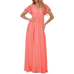 Bruidsmeisjesjurken met korte mouwen voor bruiloft, geplooide chiffon, formele avondfeest, maxi-jurk, V-hals, AH153, Koraal, 32