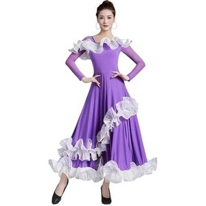 Tytyozay Elegante dames standaard dansjurk met ruches, modieuze V-hals lange mouwen ballroom dansjurk moderne elegante volle swing rok voor tango flamenco sociale wals ballroom,Purper,L