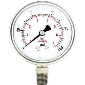 2 inch manometer, roestvrijstalen behuizing, met vloeistof gevuld, onderste houder, 100 psi
