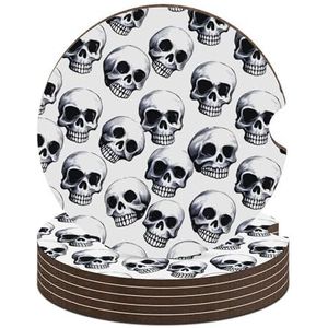 Zwarte schedel patroon op witte achtergrond auto onderzetters waterdichte anti-slip auto bekerhouder drinken onderzetters met vinger sleuf auto accessoires voor vrouwen mannen