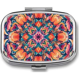 Kleurrijk symmetrisch patroon pillenetui met 2 compartimenten, pillenorganizer, draagbare vierkante pillendoos, vitaminepillenorganizer voor zakportemonnee en reizen