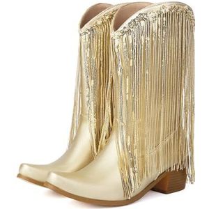 TNMIUH Western Cowgirllaarzen Met Franjes Voor Dames, Metallic Zilver Met Kwastjes, Halfhoge Lengte, Blokhak 5 Cm, Dameslaarzen Met Pailletten En Franjes, Modieuze Feestlaarzen,Goud,35.5 EU