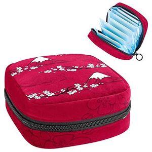 Japanse oosterse kers Fujisan Patroon Rood,Periode Pouch Draagbaar,Tampon Opbergtas,Tampon Houder voor Portemonnee Vrouwelijke Product Organizer, Meerkleurig, 4.7x6.6x6.6 in/12x17x17 cm