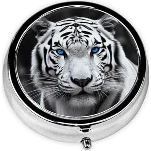 Ronde pillenetui voor portemonnee of zak, 2 compartimenten, medicijnpillendoos, draagbare kleine pillenorganizer, blauwe ogen, tijger, pillendoos, reisgeneeskunde, vitamine kabeljauw, leverolie