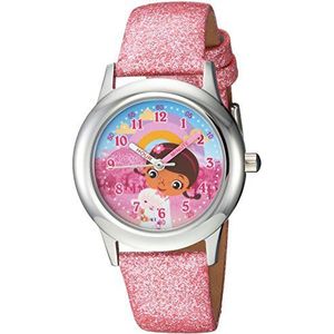 DISNEY Girls Doc McStuffins Stainless Steel Analog-Quartz Watch with Leather-Synthetic Strap, Pink, 15 (Model: WDS000285)