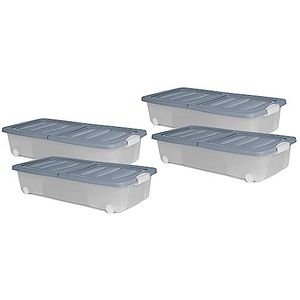 XL onderbed commode met wieltjes 32 l 80 cm deksel speelgoed box opslag kist opbergdoos platte set onderbedcommode onderbedbox onderbedbox speelgoedkist (4 stuks, blauw)