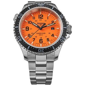 Traser Heren analoog kwarts horloge met roestvrij stalen armband 109379, zilver-zwart-oranje, Armband