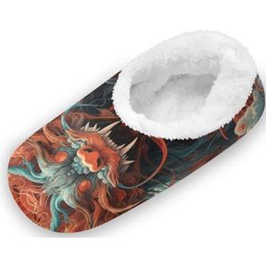 KAAVIYO Rode Draak Chinese Stijl Outdoor Slippers Katoen Huisschoenen Gesloten Rug Winter Antislip Fuzzy Voeten Slippers voor Indoor Jongens Vrouwen, Patroon, Medium