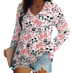 Panda Love T-shirts voor dames, lange mouwen, V-hals, herfst, tops, trui, tuniek, T-shirt voor leggings