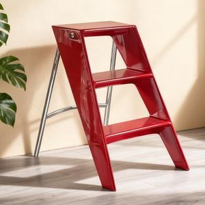 3-Traps Acryl Opstapkruk voor Volwassenen, 150 kg Capaciteit 2-in-1 Design, Lichte Draagbare Opstapkruk voor Keuken Badkamer Bibliotheek met Antislip Oppervlak Classic Red