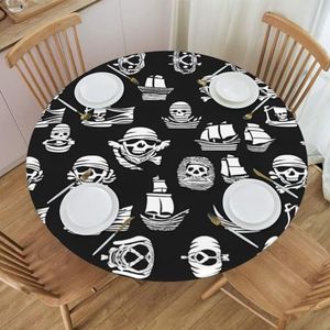 Zwart en wit piraten patroon rond tafelkleed, waterdicht en afveegbaar met elastische randen, geschikt voor het decoreren van ronde tafels.