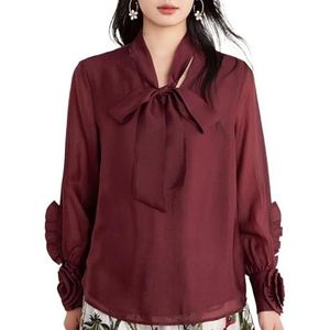 ROUZIHU Chiffon shirt dames tops vetersluiting V-hals button-down blouse lange mouwen dames los shirt, Rosso, XXL
