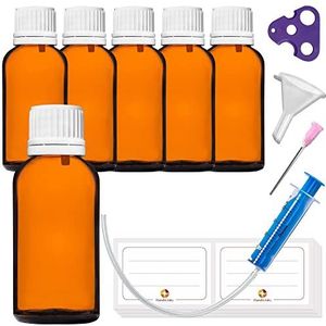 HandsUnity 30ml-6st Druppelaar Inzet Flesje -Klein Amber Glazen Flesje Apothekersglas met Witte Druppelaar Inzetdop van Bruin Glas set inclusief 18 hulp Accessoires