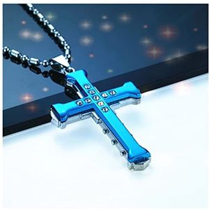 Sterling Zilveren Ketting Ketting for mannen Jezus kristal kruis hanger ketting goud zilver en zwart kruis ketting mode-sieraden xmas MS Ketting (Color : Blue)