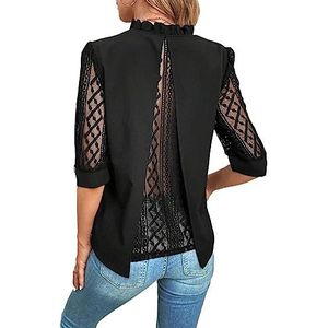 dames topjes Blouse met contrasterende kanten kraag en losse top met halve mouwen (Color : Noir, Size : Small)