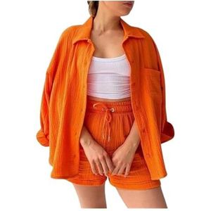 2024 Vrouwen Modieuze Casual 3 Delige Set Gerimpelde Stof Shorts Gaas Vest Vest Casual Set Vrouwelijke Street Wear (Color : Orange, Size : XL)