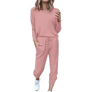 ChaUsa Sportief broekpak voor dames, verband, losse lange broek, 2-delige set, moderne kleding, roze, XXL